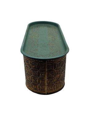 Vintage Guildcraft NY Embossed Gold-Tone Footed Oval Tin Metal Container w/ Lid